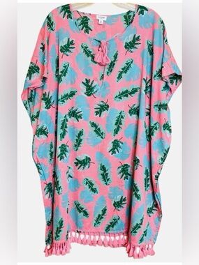 J.Crew Coral Teal Tropical Leaf Tassel Beach Cover-Up Tunic